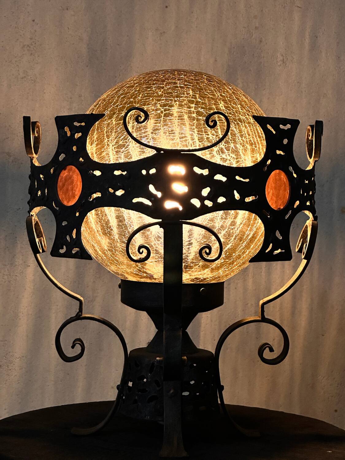 Large vintage wrought iron and glass pendant lamp