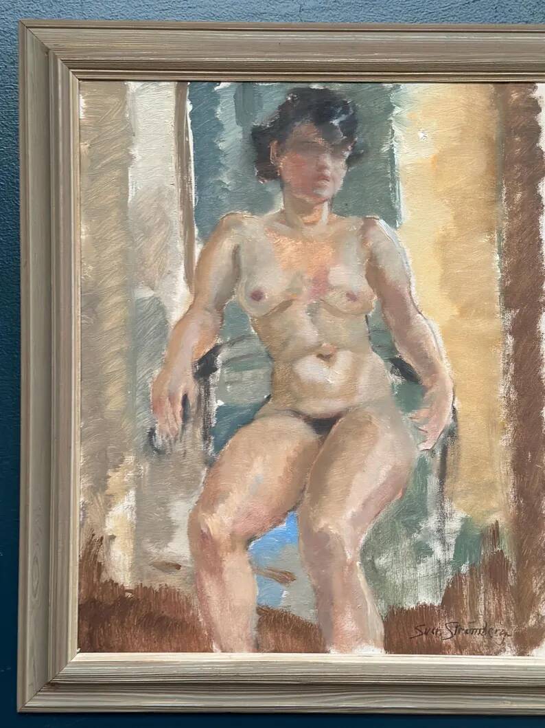 Huile sur toile originale – “Dame assise” par Sven Strömberg – Signée – Vintage et encadrée