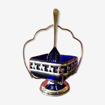 Sucrier avec cuillère métal argenté et verre bleu cobalt MAYELL ENGLAND