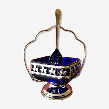 Sugar bowl with silver metal spoon and cobalt blue glass MAYELL ENGLAND