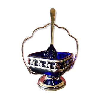 Sugar bowl with silver metal spoon and cobalt blue glass MAYELL ENGLAND