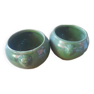 Green glazed stoneware pots (pair)