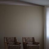 Mid-century modern Danish, pair of oak armchairs with original fabric, 1960s.