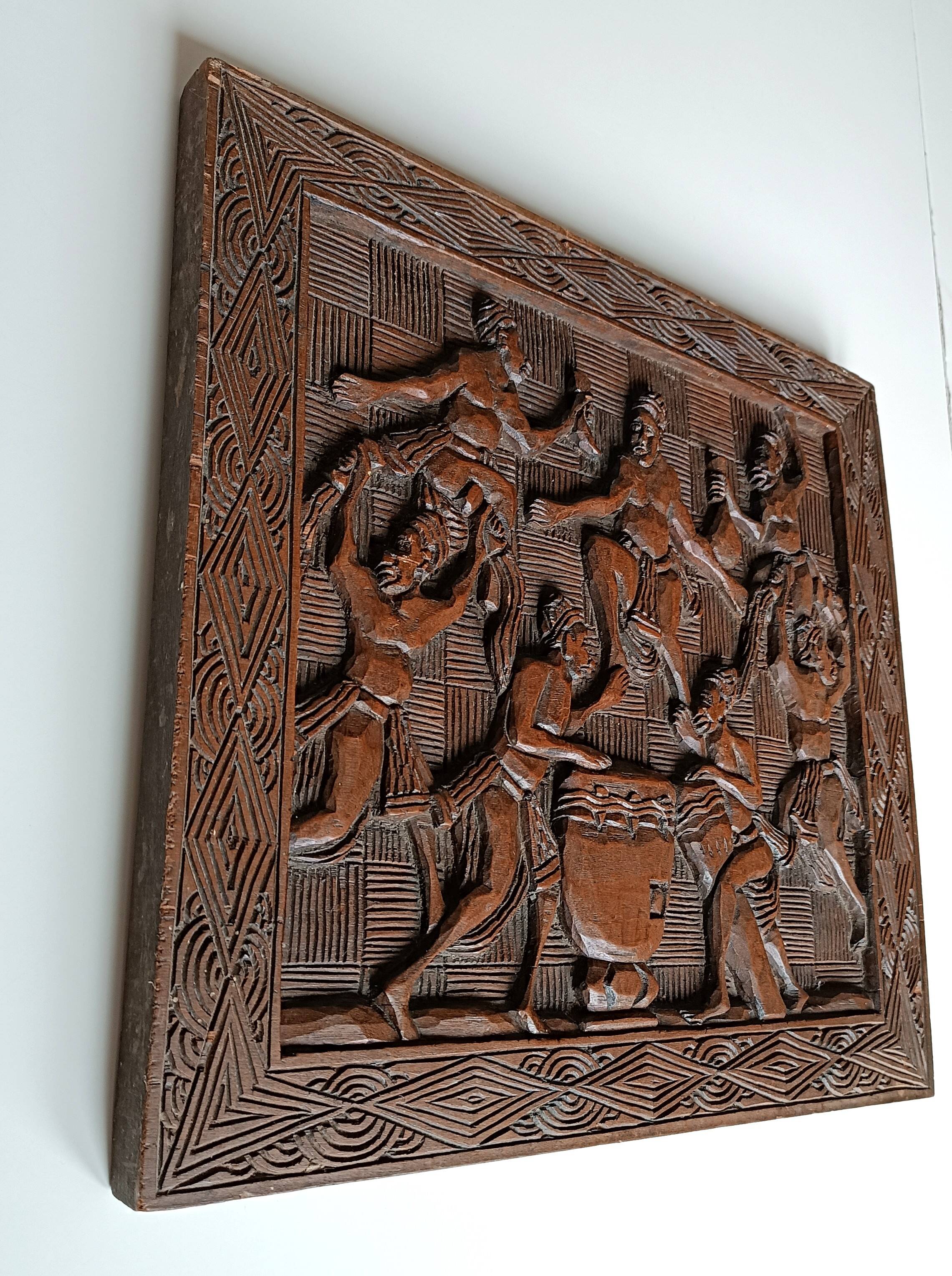 Maurice Sonfack African Tribal Carved Wooden Panel Cameroon