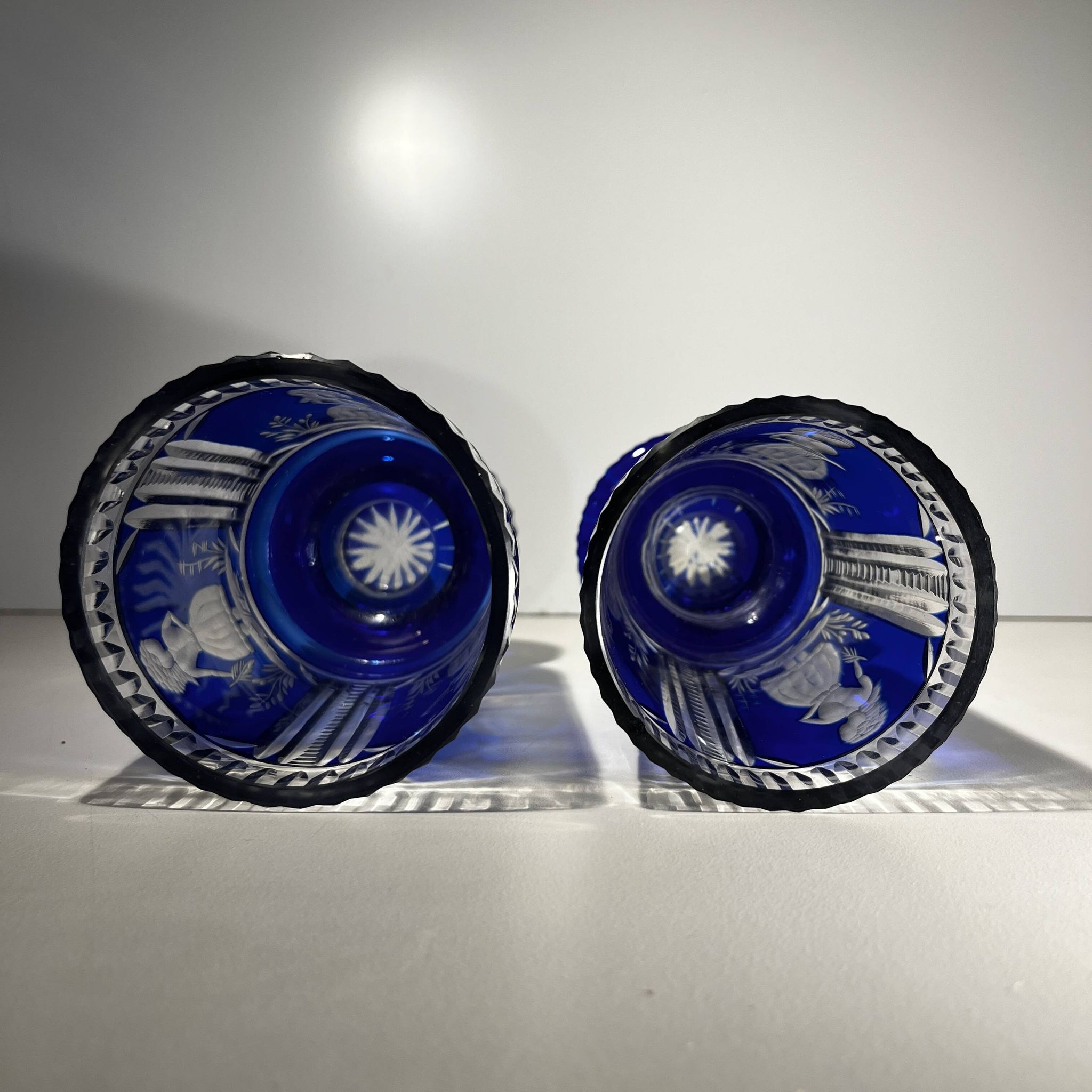 Bohemian crystal, set of 2 cobalt blue cut double glasses, ca 1900