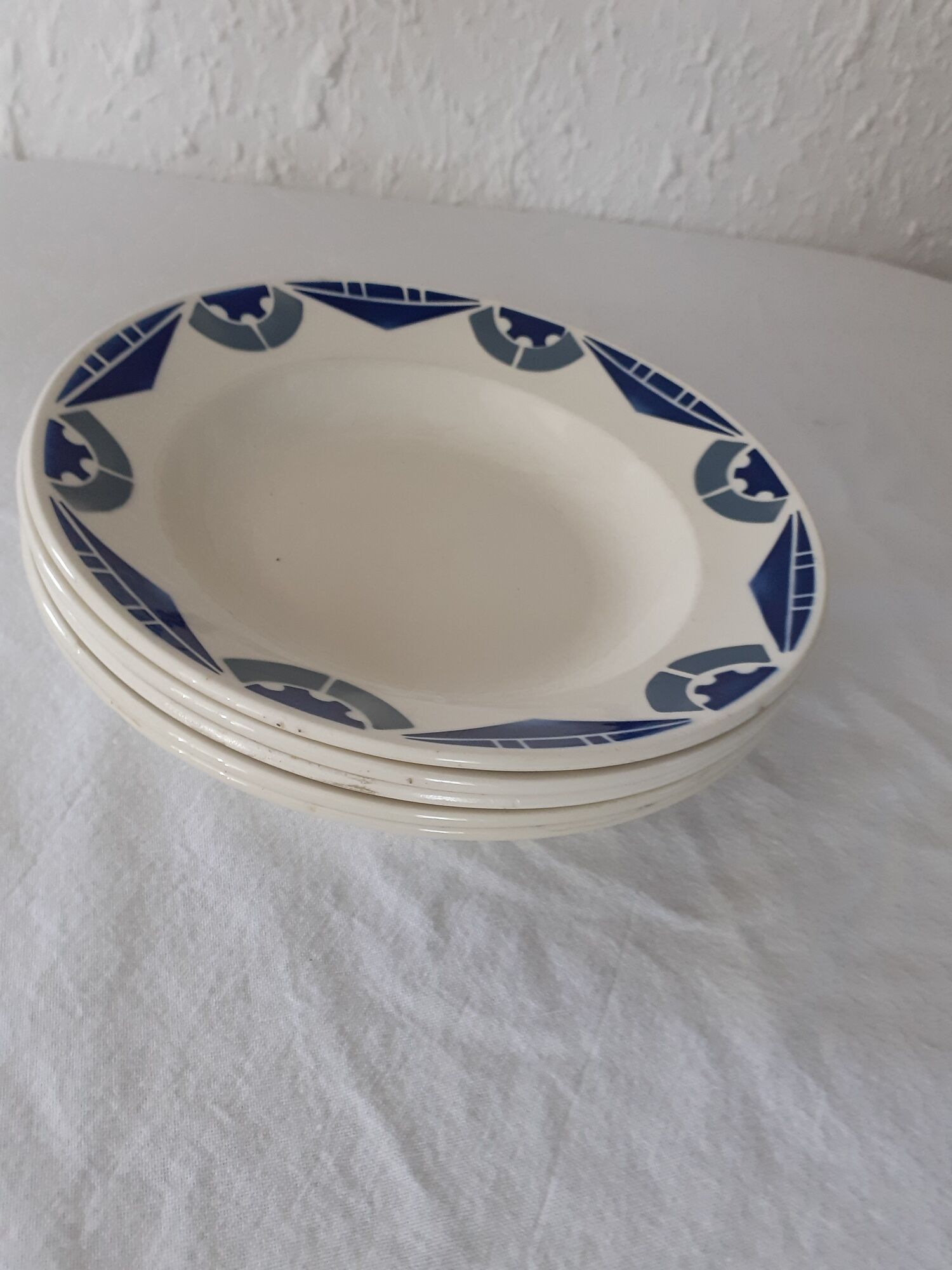 5 hollow plates badonviller blue and gray geometric decoration art deco faience old