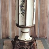 Large pagoda lamp painted with floral patterns and metal shade.