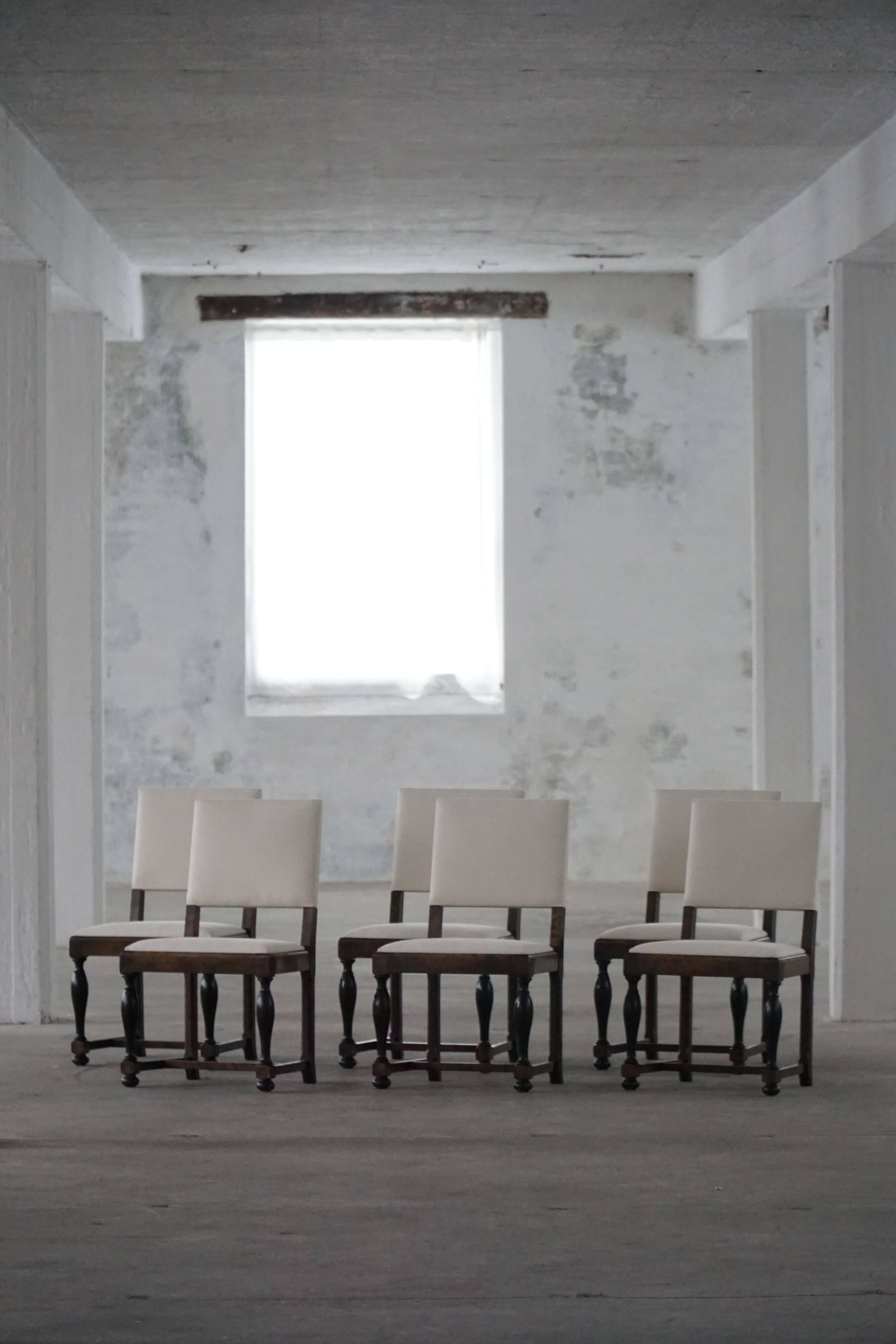 Set of 6 Swedish Grace dining chairs in birch with new upholstery, 1920s.