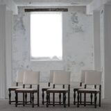 Set of 6 Swedish Grace dining chairs in birch with new upholstery, 1920s.