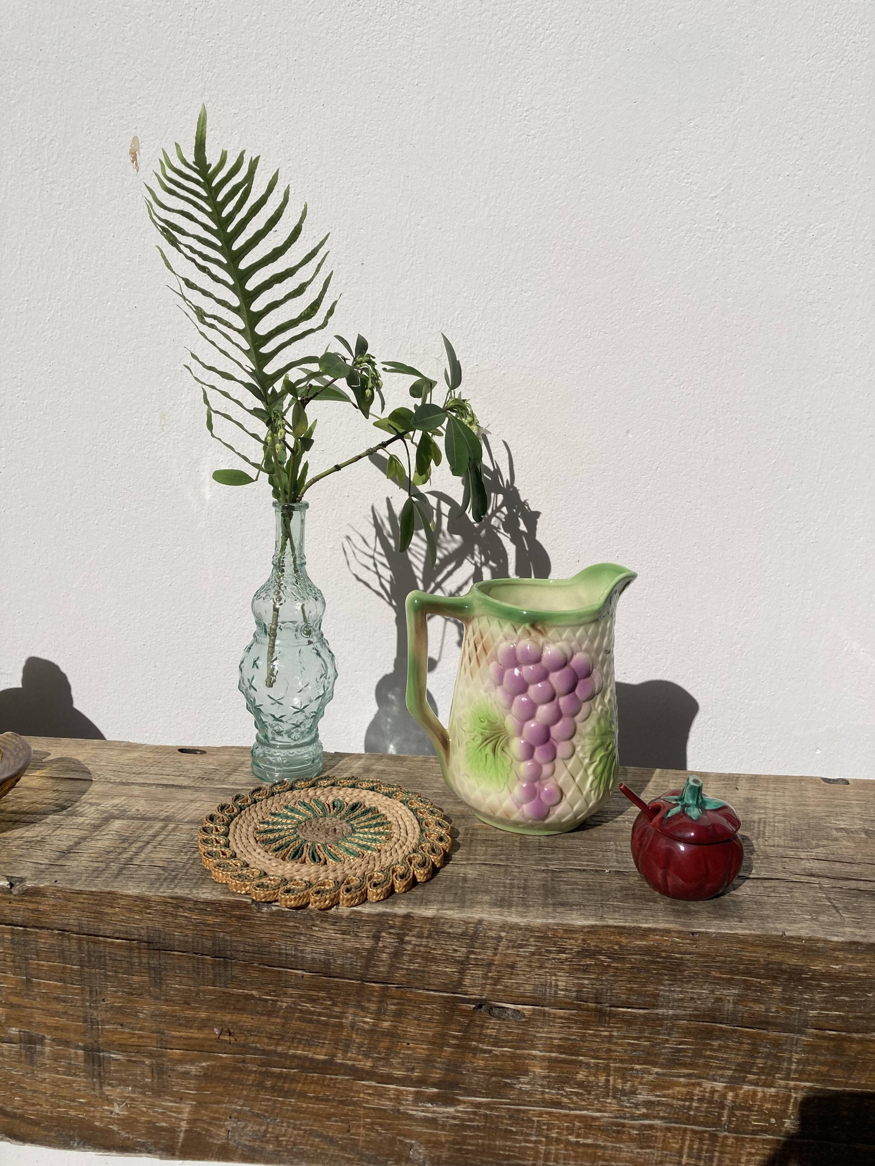 Pitcher in slip - earthenware Saint Clement numbered with fruit and grape basket decoration