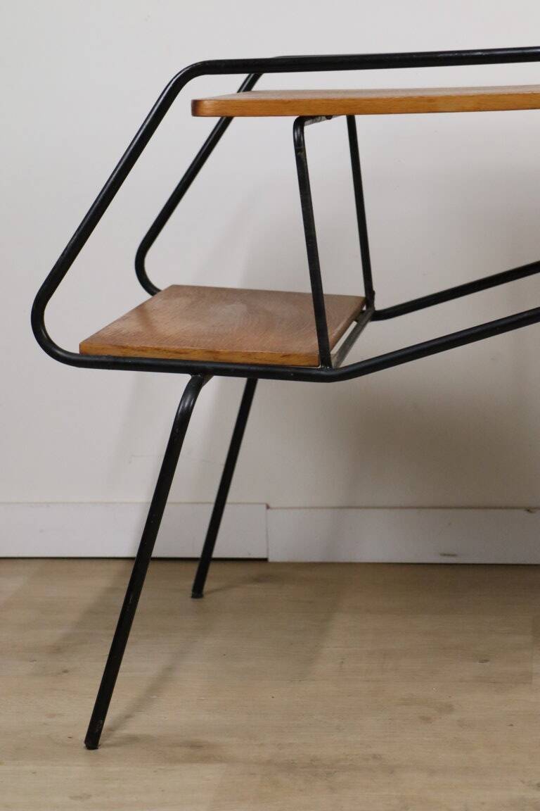 Vintage side coffee table in black lacquered metal and oak, 1950