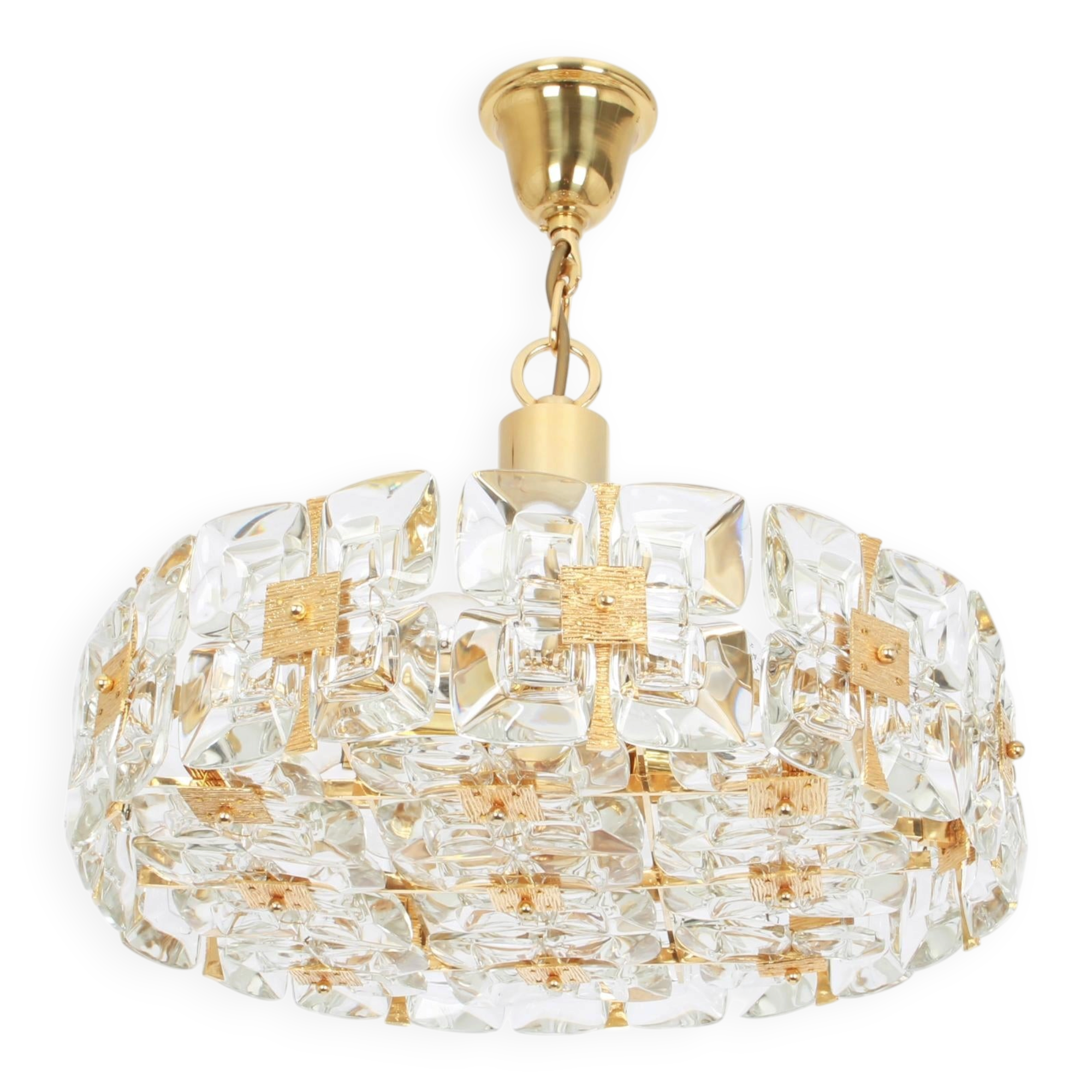 Golden brass and crystal chandelier, Sciolari design by Palwa, Germany, 1970s.