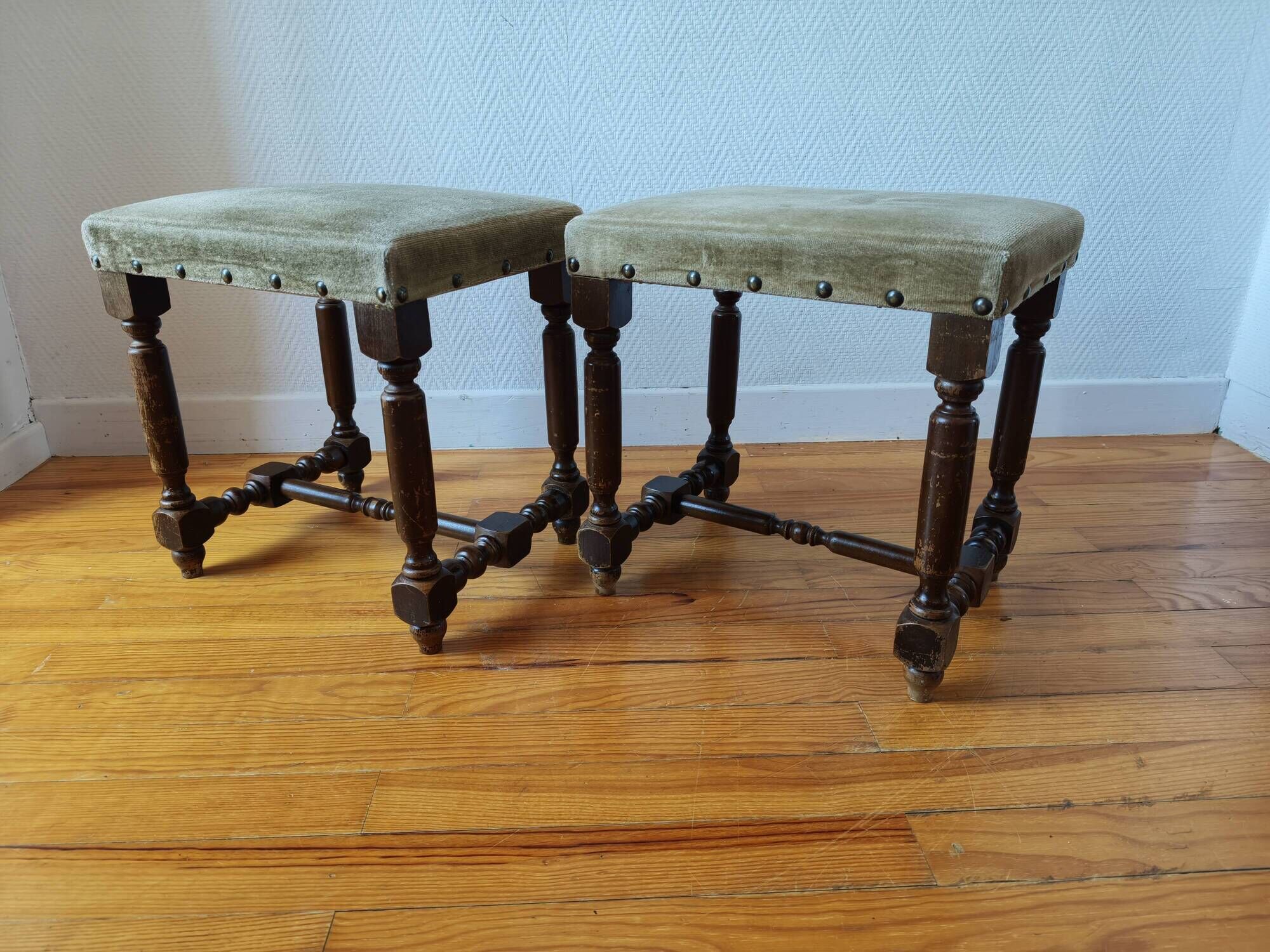 Pair of vintage Dutch stools with a patina – Wabi-Sabi spirit