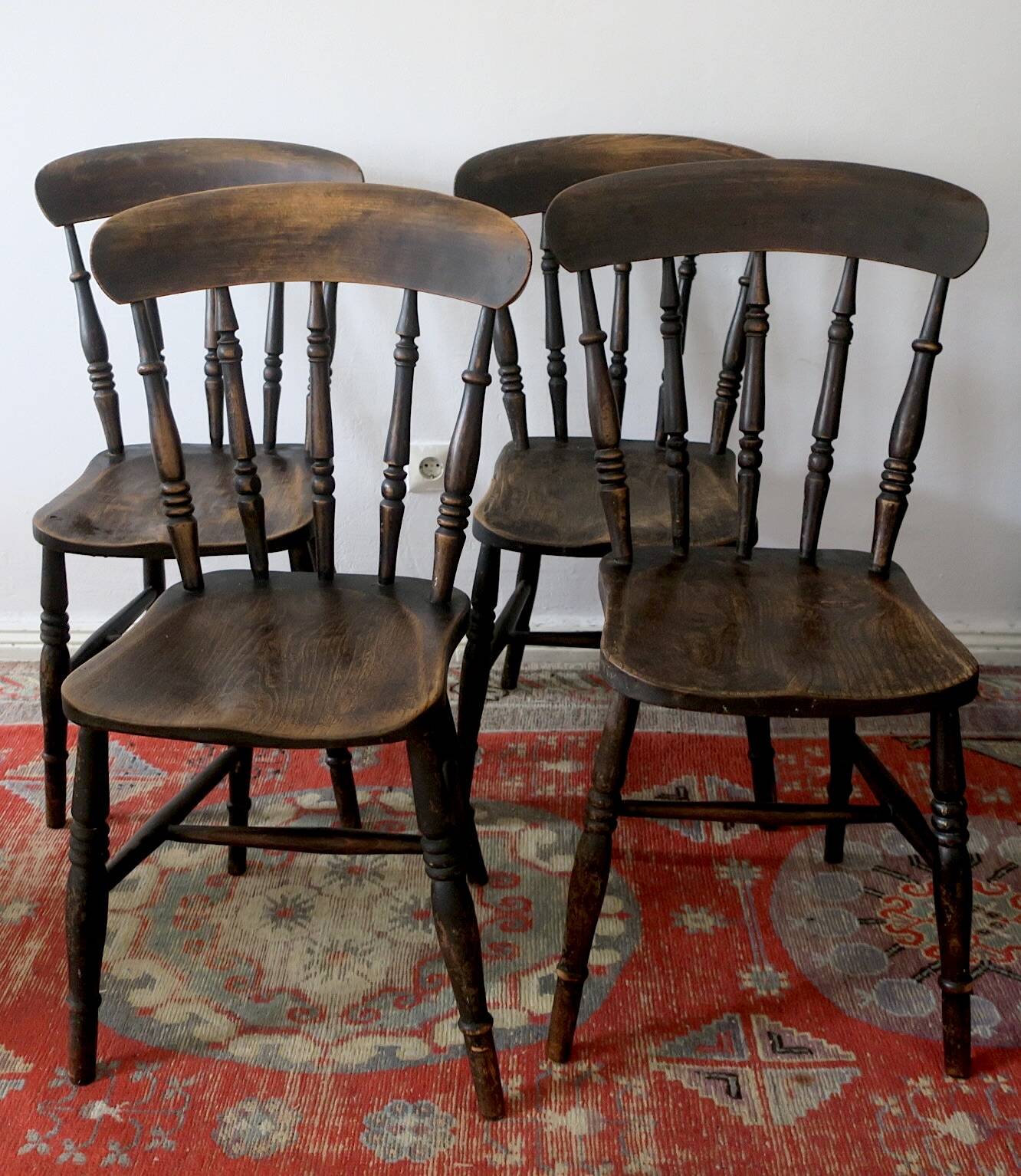 Antique set of 4 farmhouse patinated oak dining chairs, 19th century