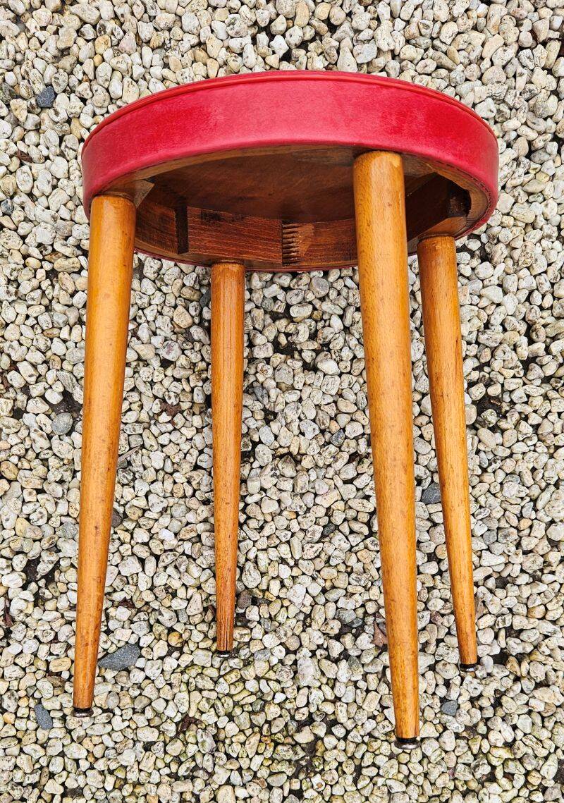 Baumann Low Stool Varnished Beech and Red Faux Leather