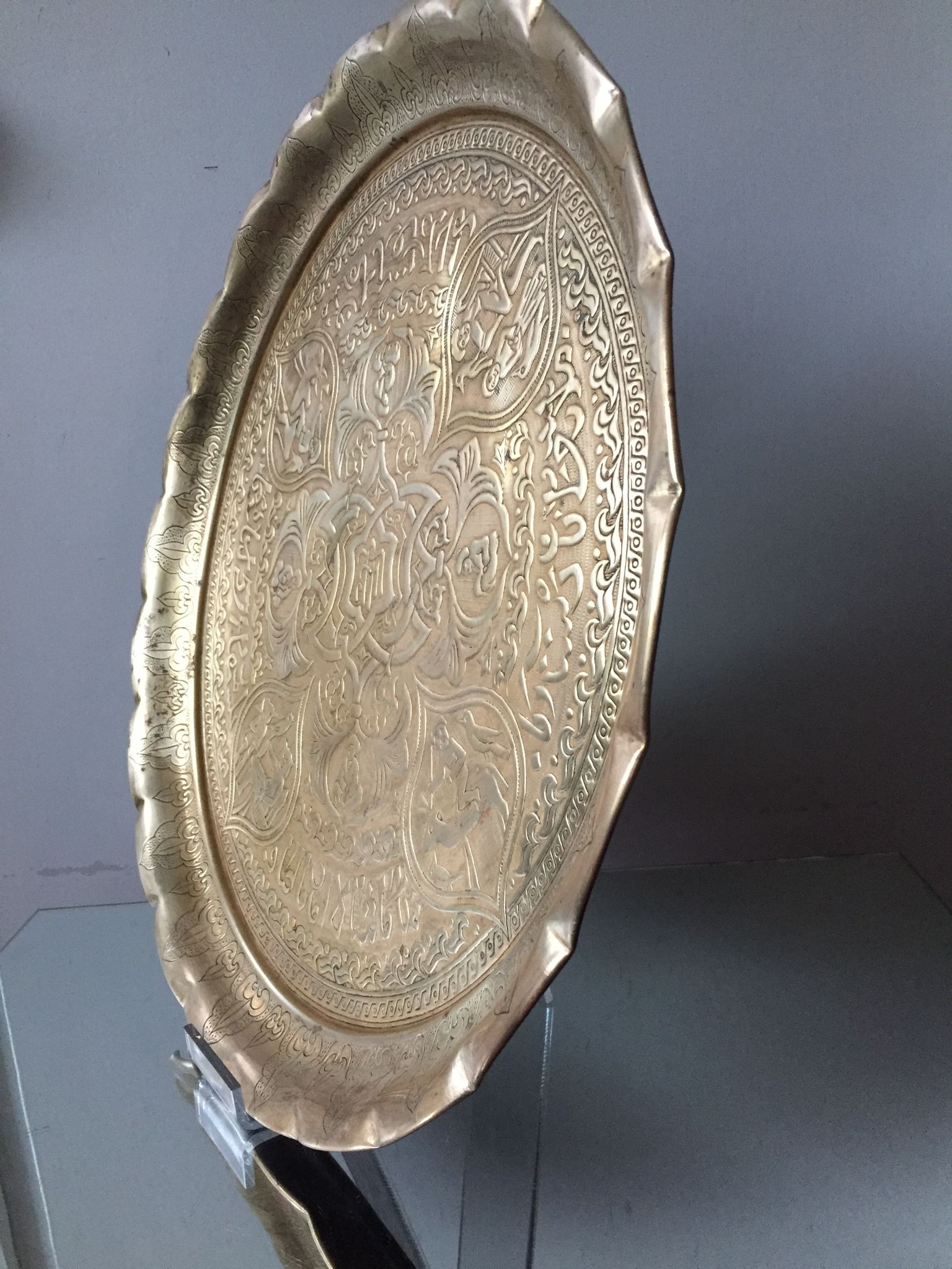 Islamic art brass tray with calligraphy & ornaments
