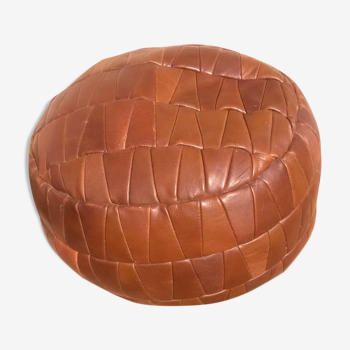Brown patchwork 70s leather pouf
