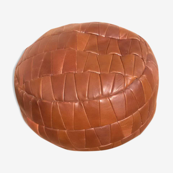 Pouf patchwork marron en cuir années 70