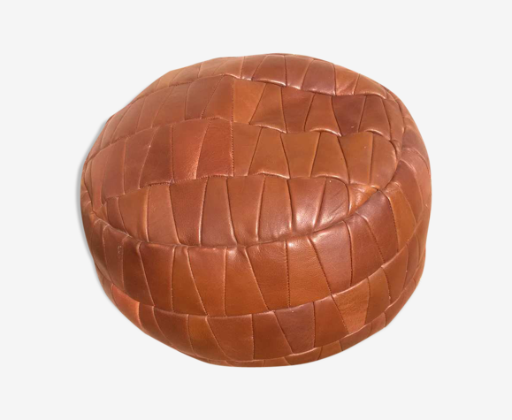 Pouf patchwork marron en cuir années 70