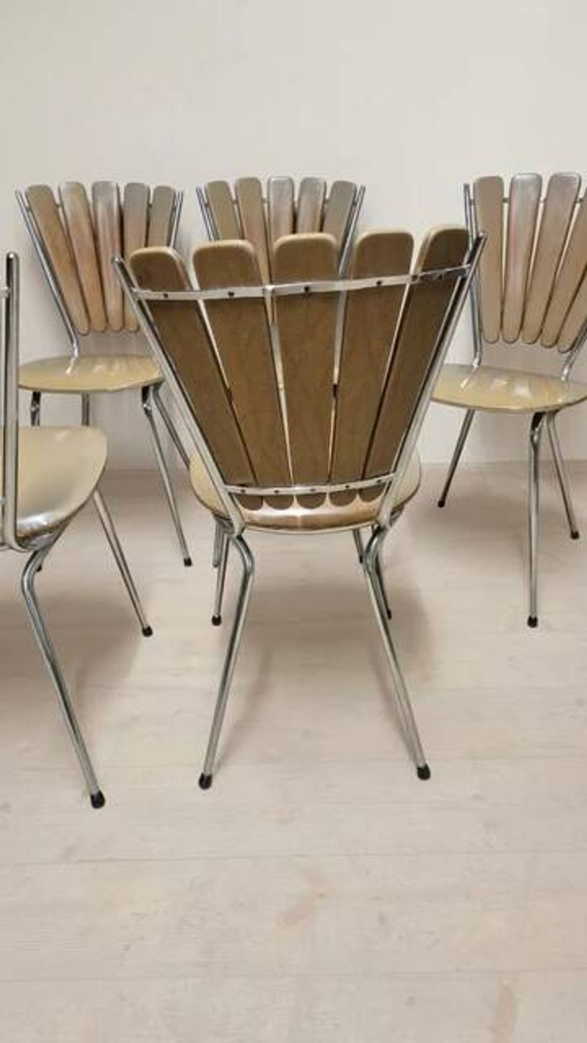 Set of 6 vintage fan-back dining chairs with beige leatherette upholstery
