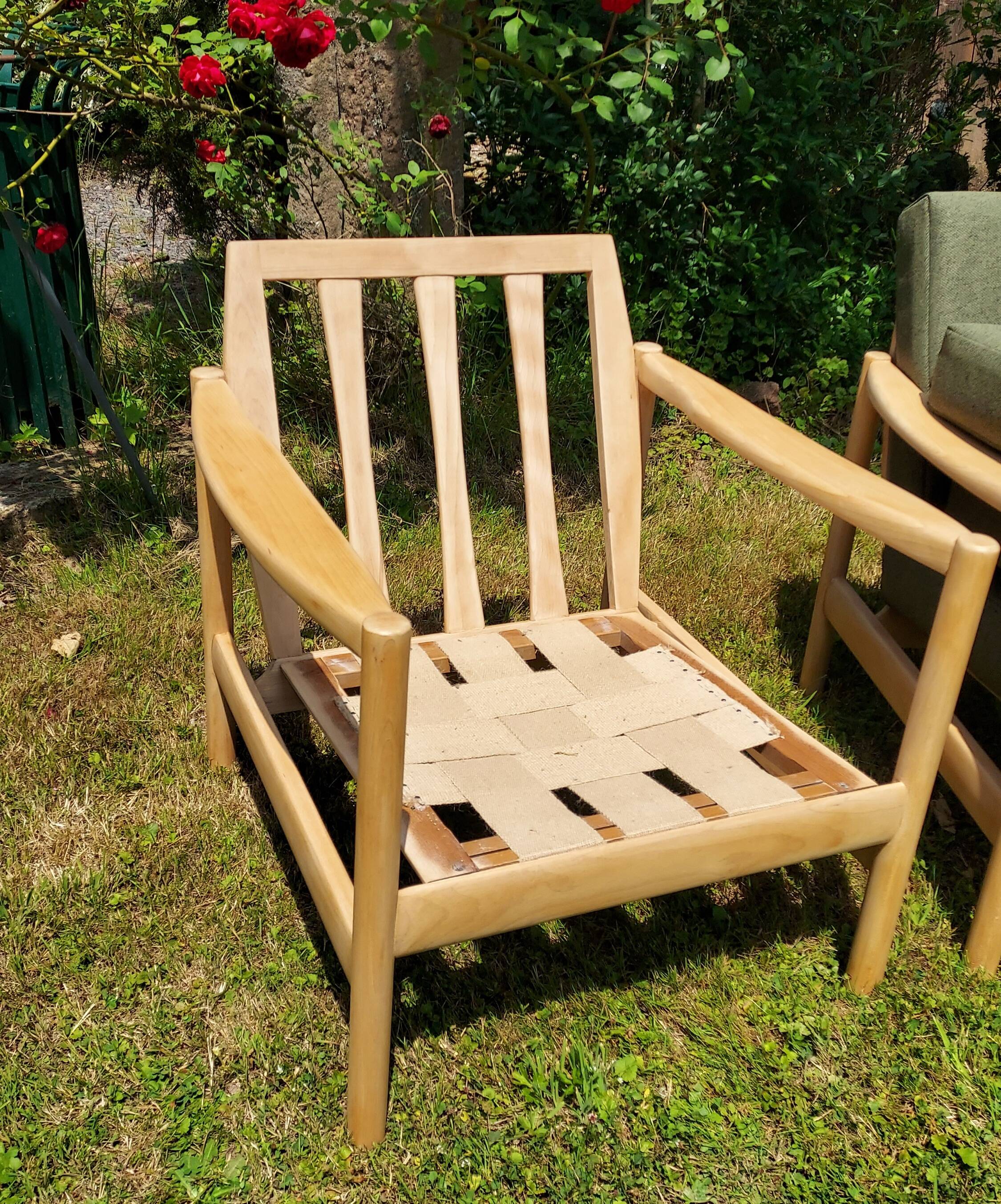 Pair of vintage 1970s armchairs in new fabric