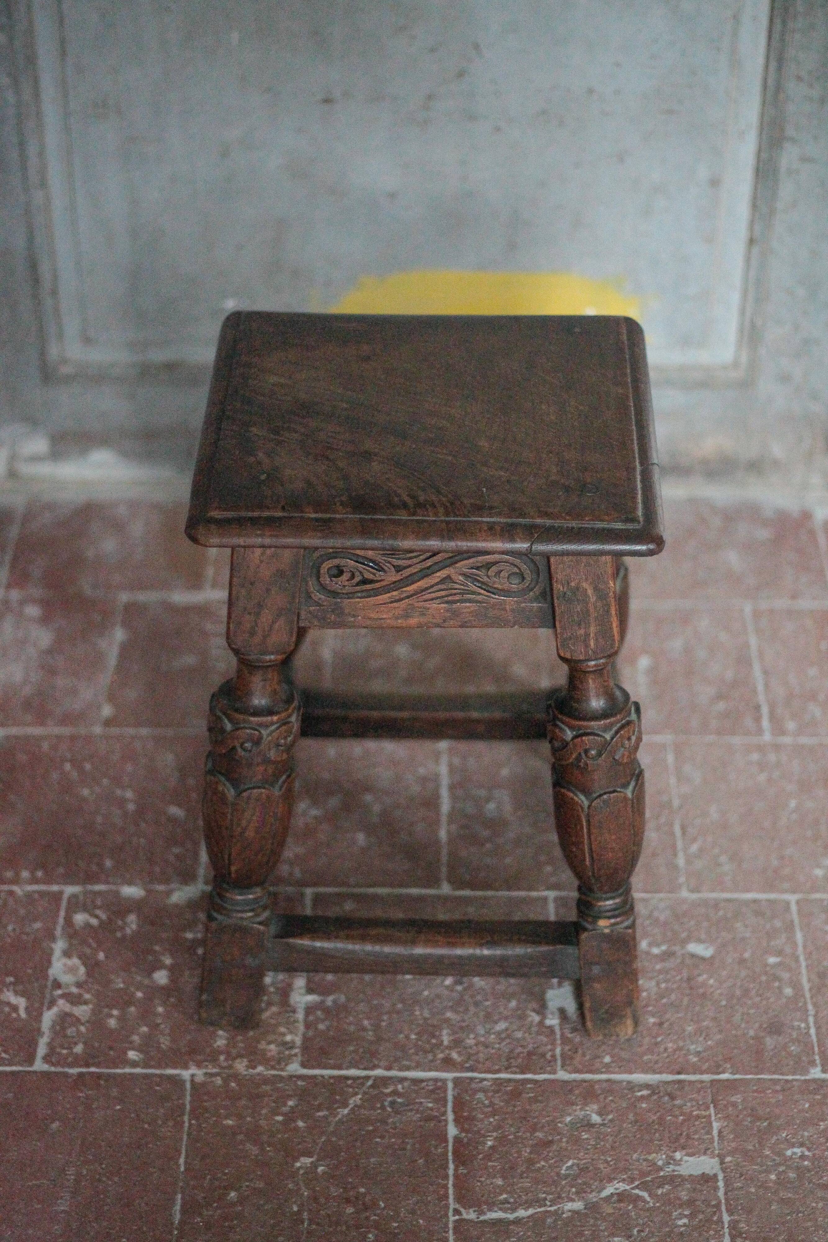 Antique wooden stool in Elizabethan English style, occasional stool