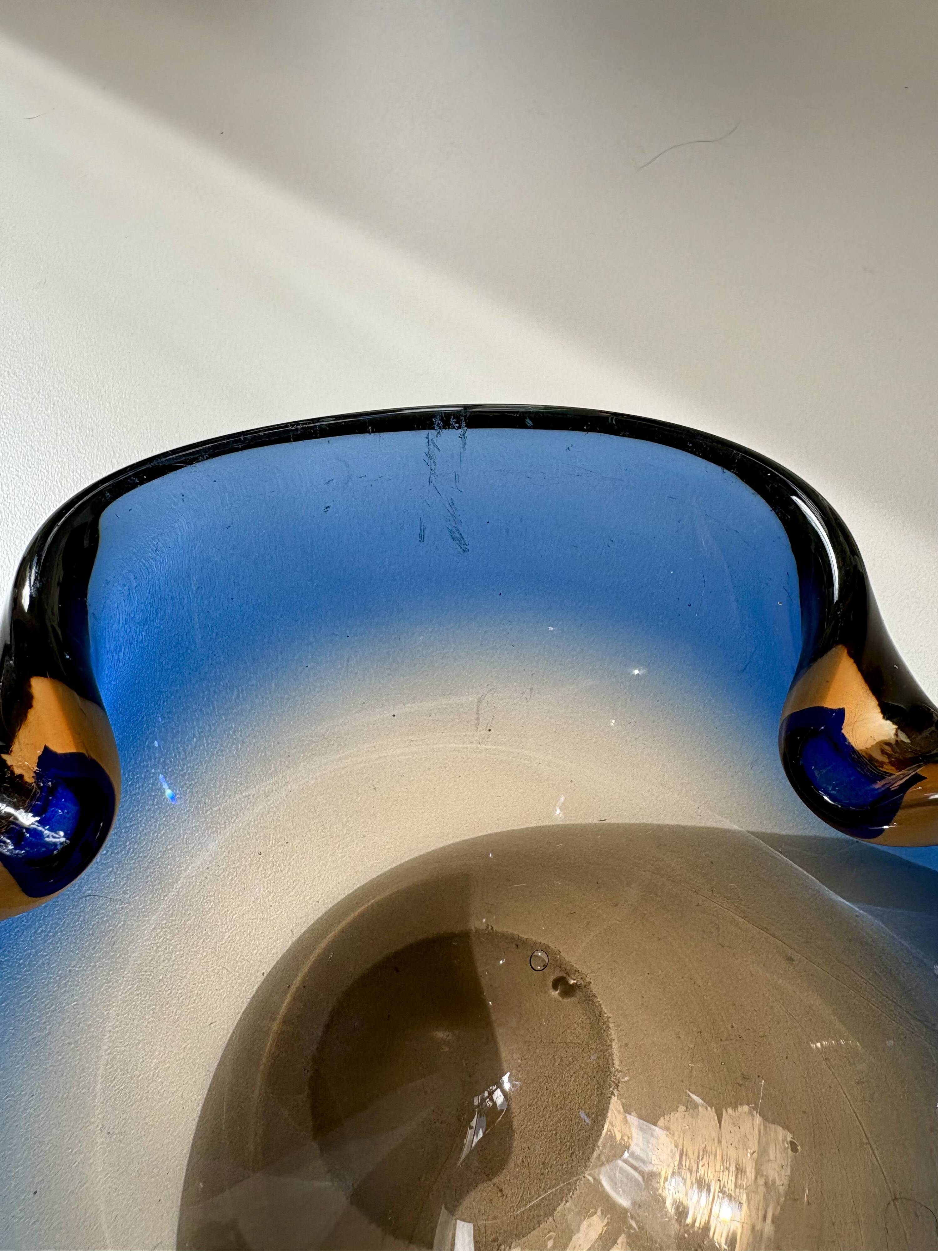 Blue and amber Murano glass ashtray/trinket dish 1960-70