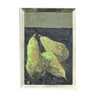 Gwilym prichard 1931-2015 welsh. three pears. still life. oil on canvas board. framed.