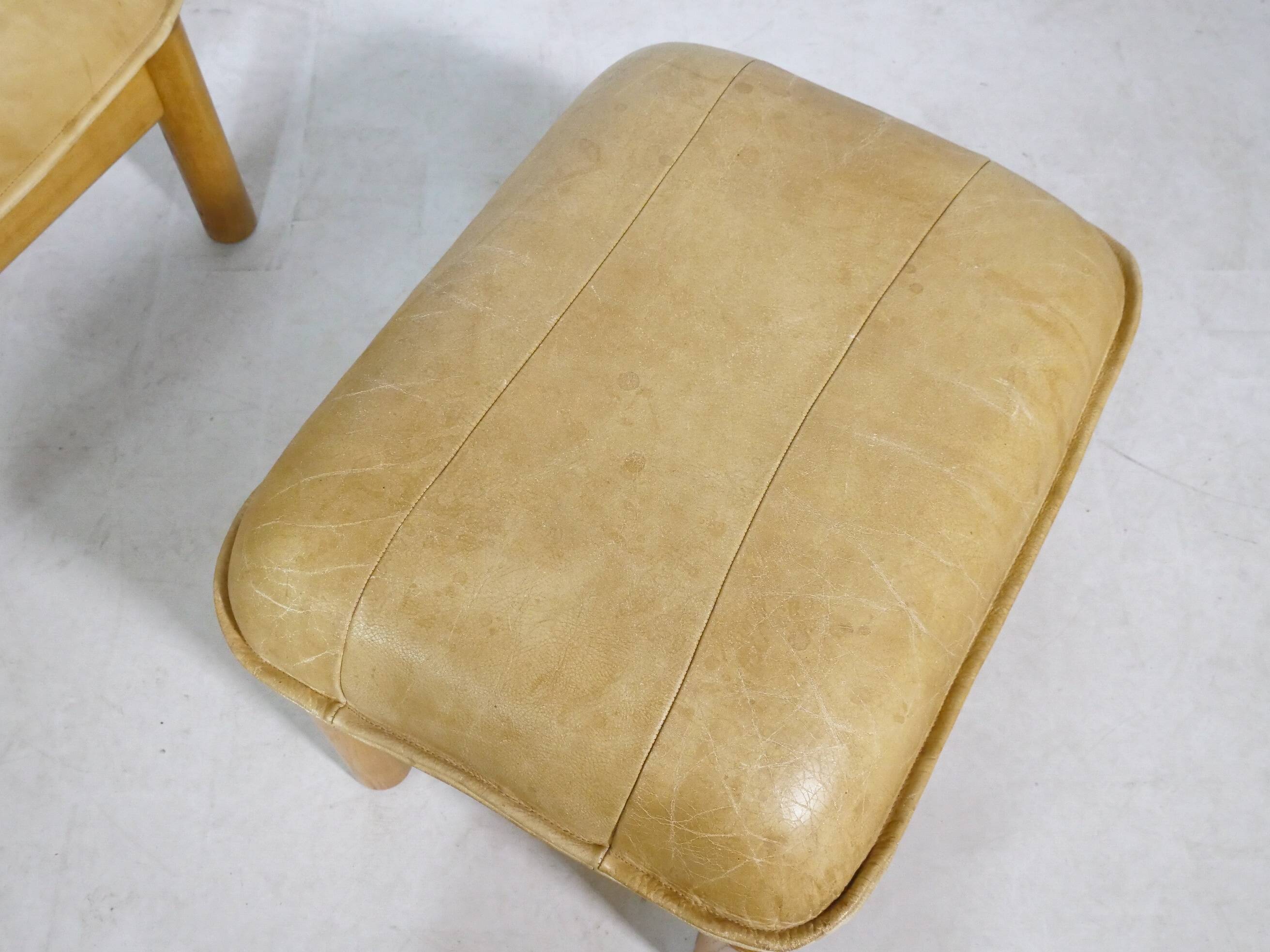 Mid-Century Camel Leather Armchairs with Ottomans, Set of 2, 1970s
