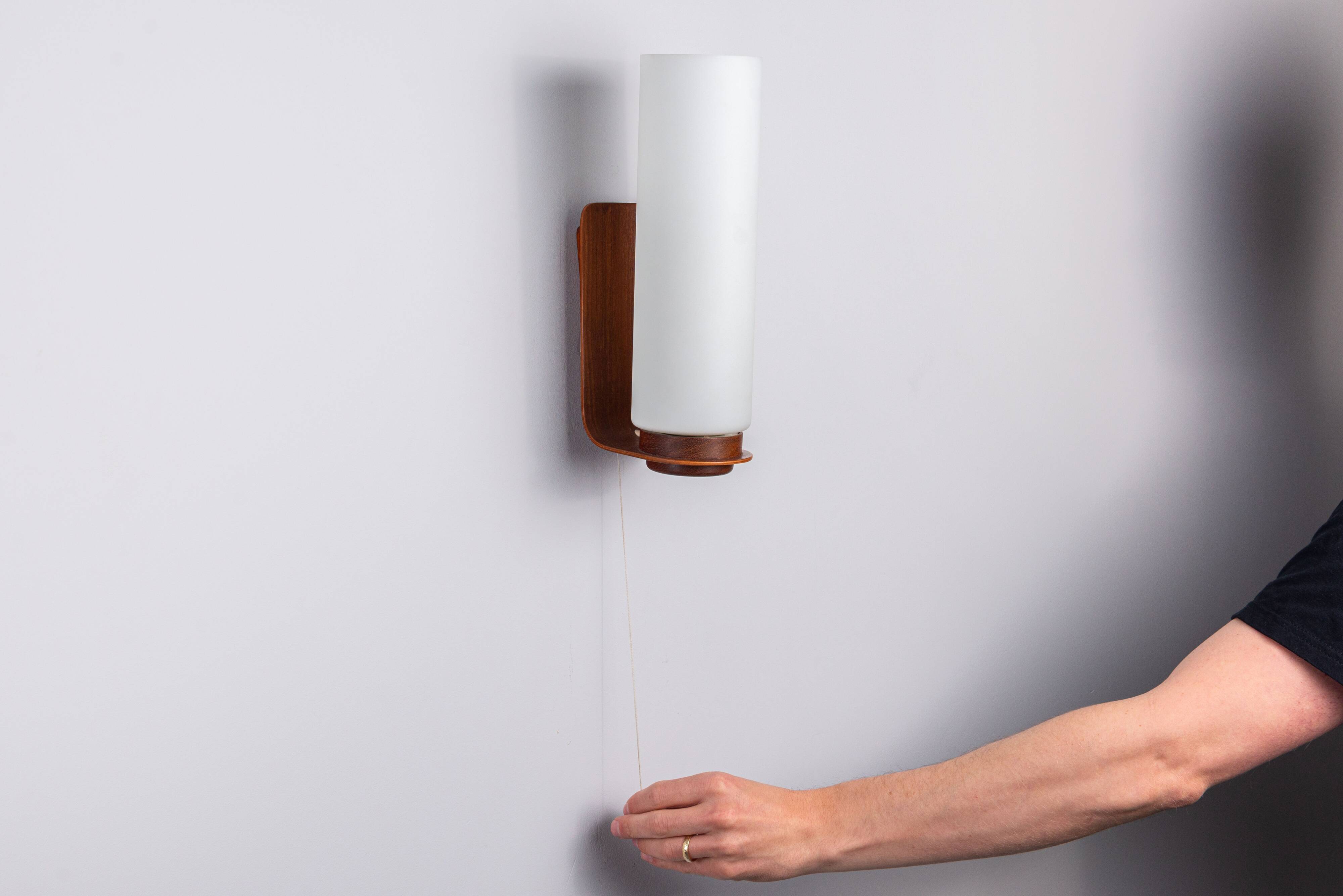 Cilindrical opal glass and bent wood wall lamp