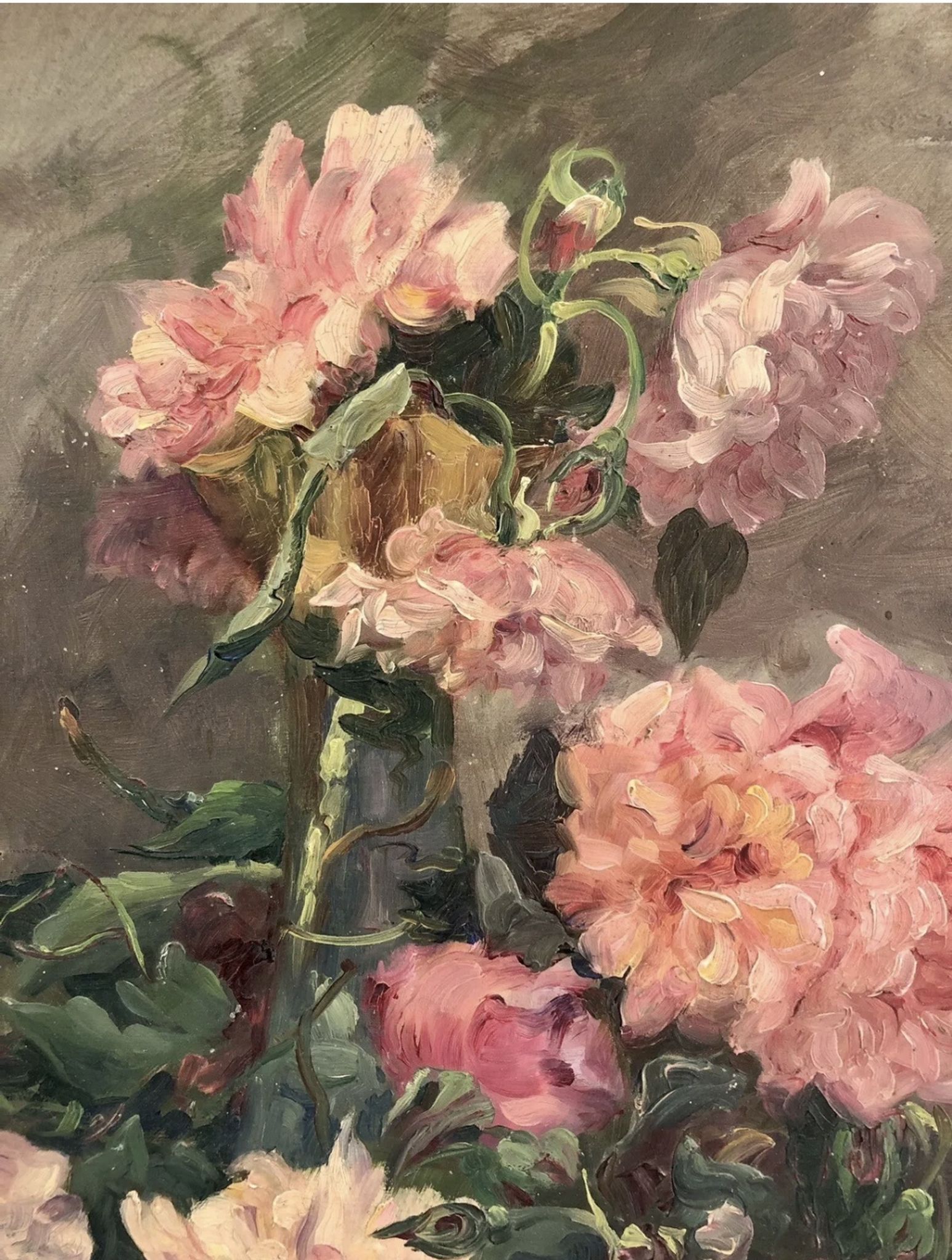 François Félix Roubaud Still life oil on wooden panel bouquet roses peonies XIX