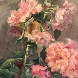 François Félix Roubaud Still life oil on wooden panel bouquet roses peonies XIX