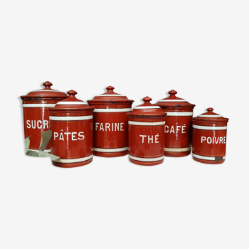 Six enamelled kitchen spice pots