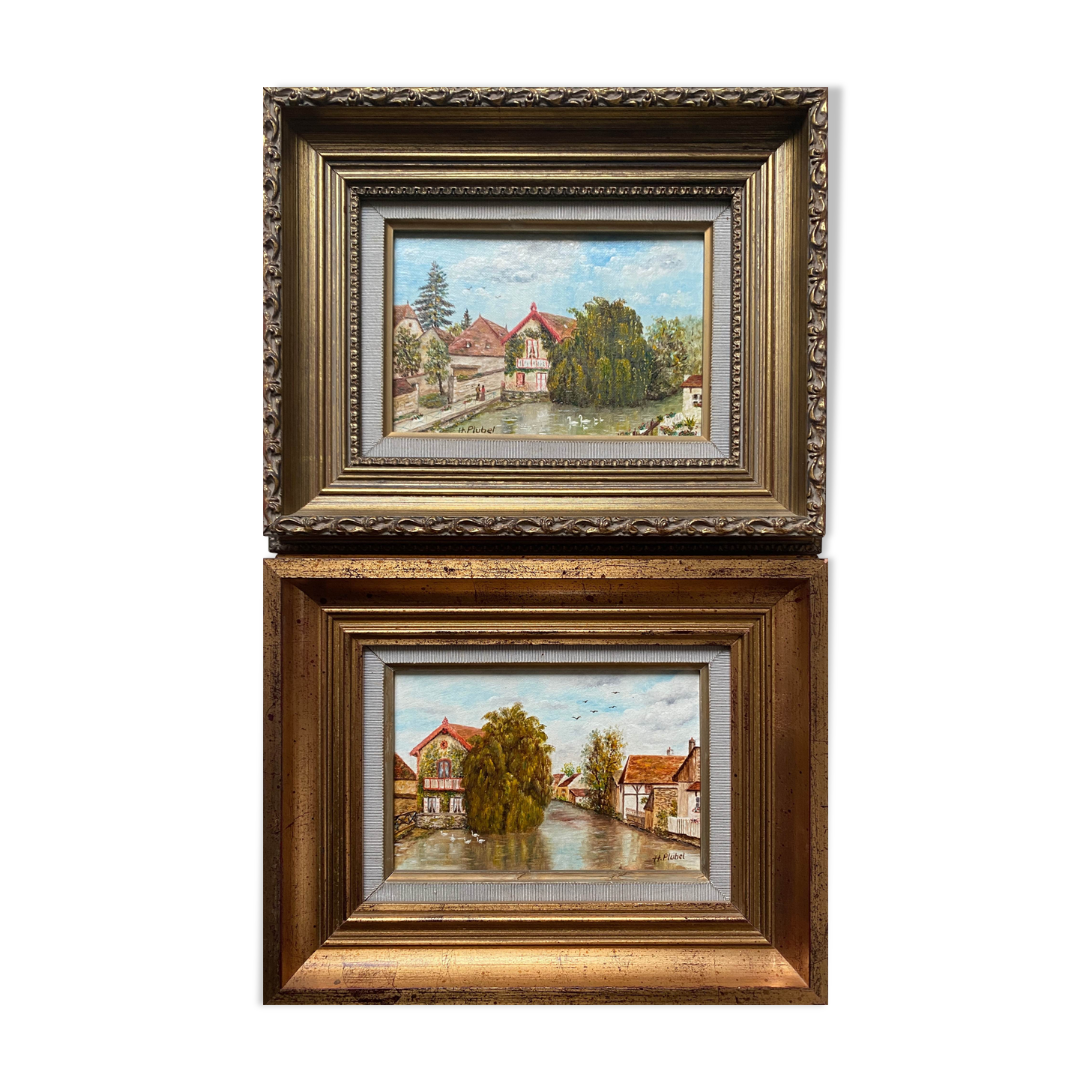 Pendant Paintings HST Henri Plubel (XX°) "View of Mrirebeau dur Bèze" + frame