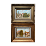 Pendant Paintings HST Henri Plubel (XX°) "View of Mrirebeau dur Bèze" + frame