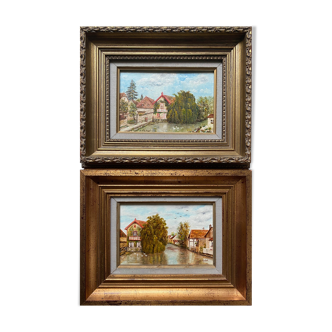 Pendant Paintings HST Henri Plubel (XX°) "View of Mrirebeau dur Bèze" + frame