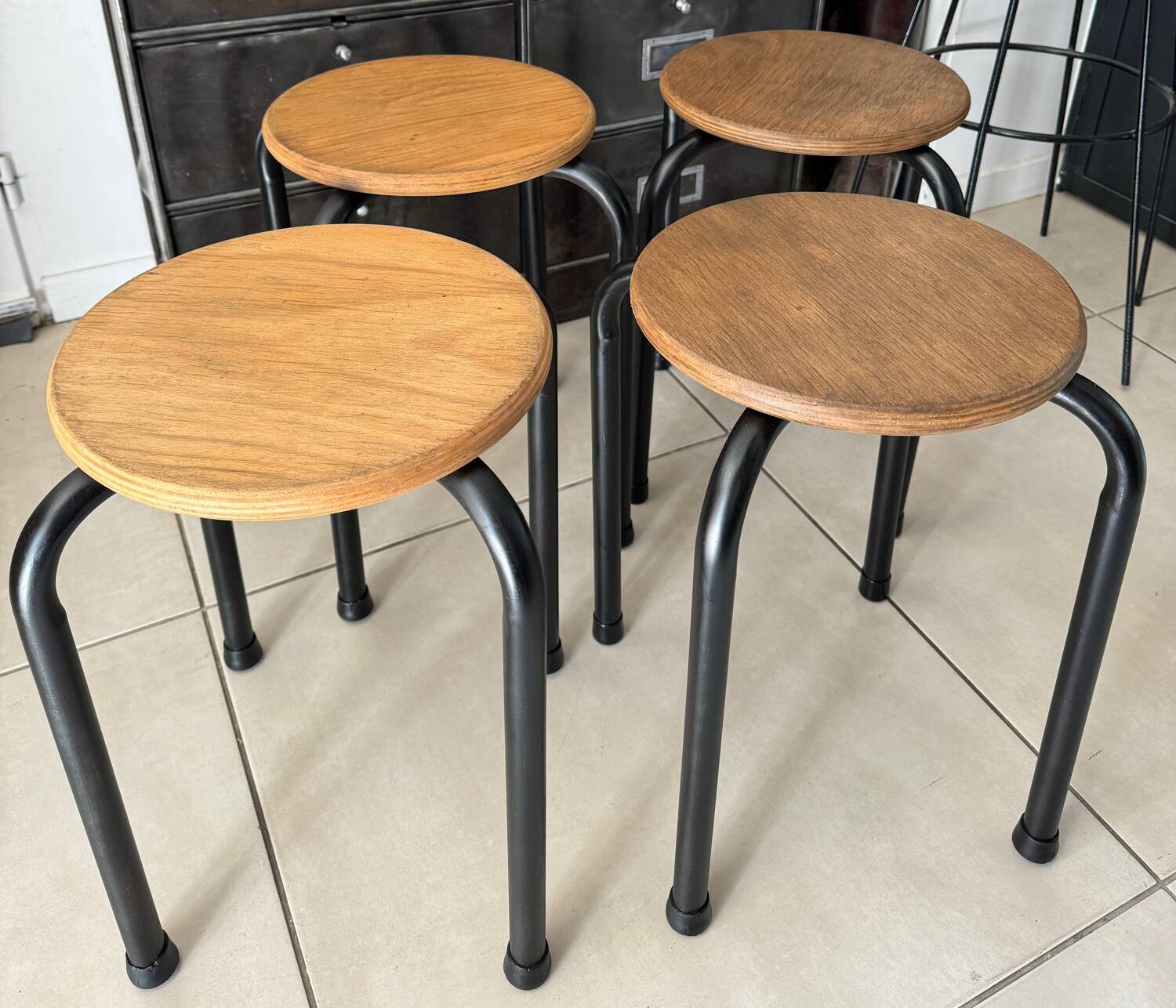 Series of 4 metal and wood school stools