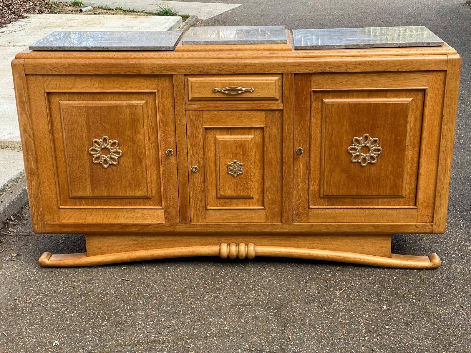 Parisian Art Deco sideboard with 2 sections in solid oak and marble, 1940