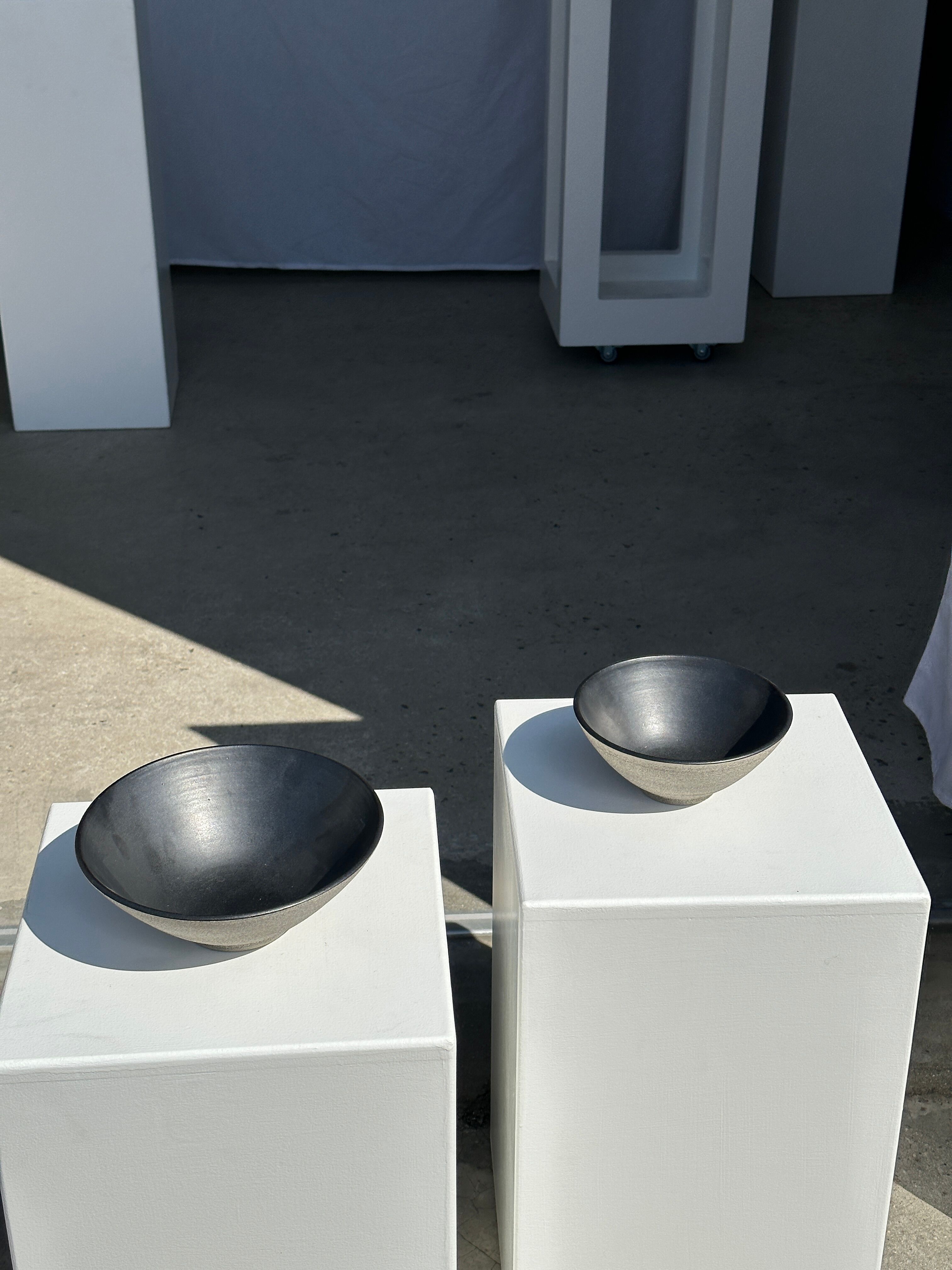 Duo of gray Indonesian ceramic bowls or salad bowls