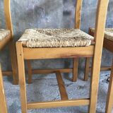 Set of 4 straw chairs in light wood - design 1970