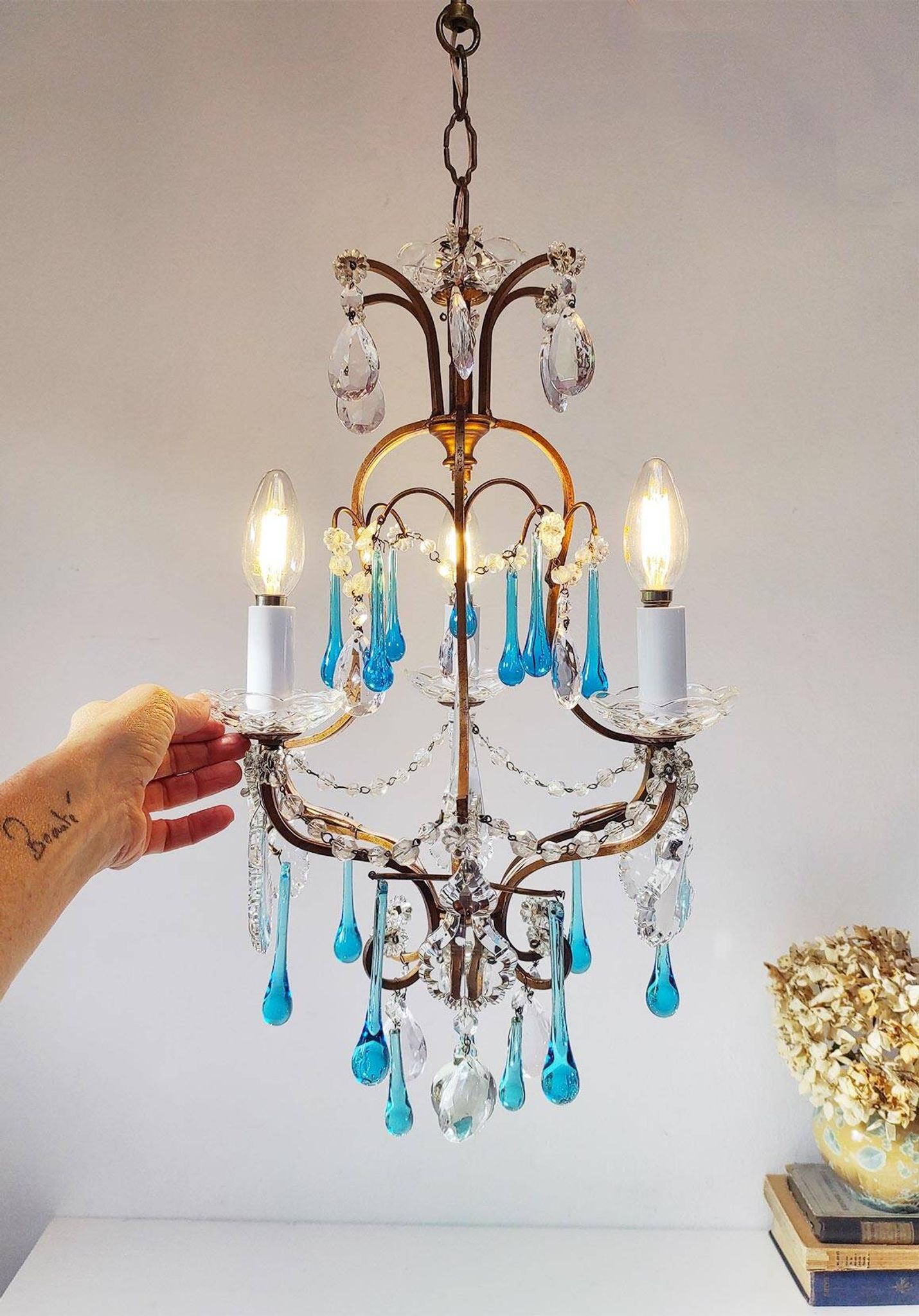 Italian chandelier in gold metal cage with blue drops circa 1960