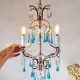 Lustre Italien cage metal doré gouttes bleues vers 1960