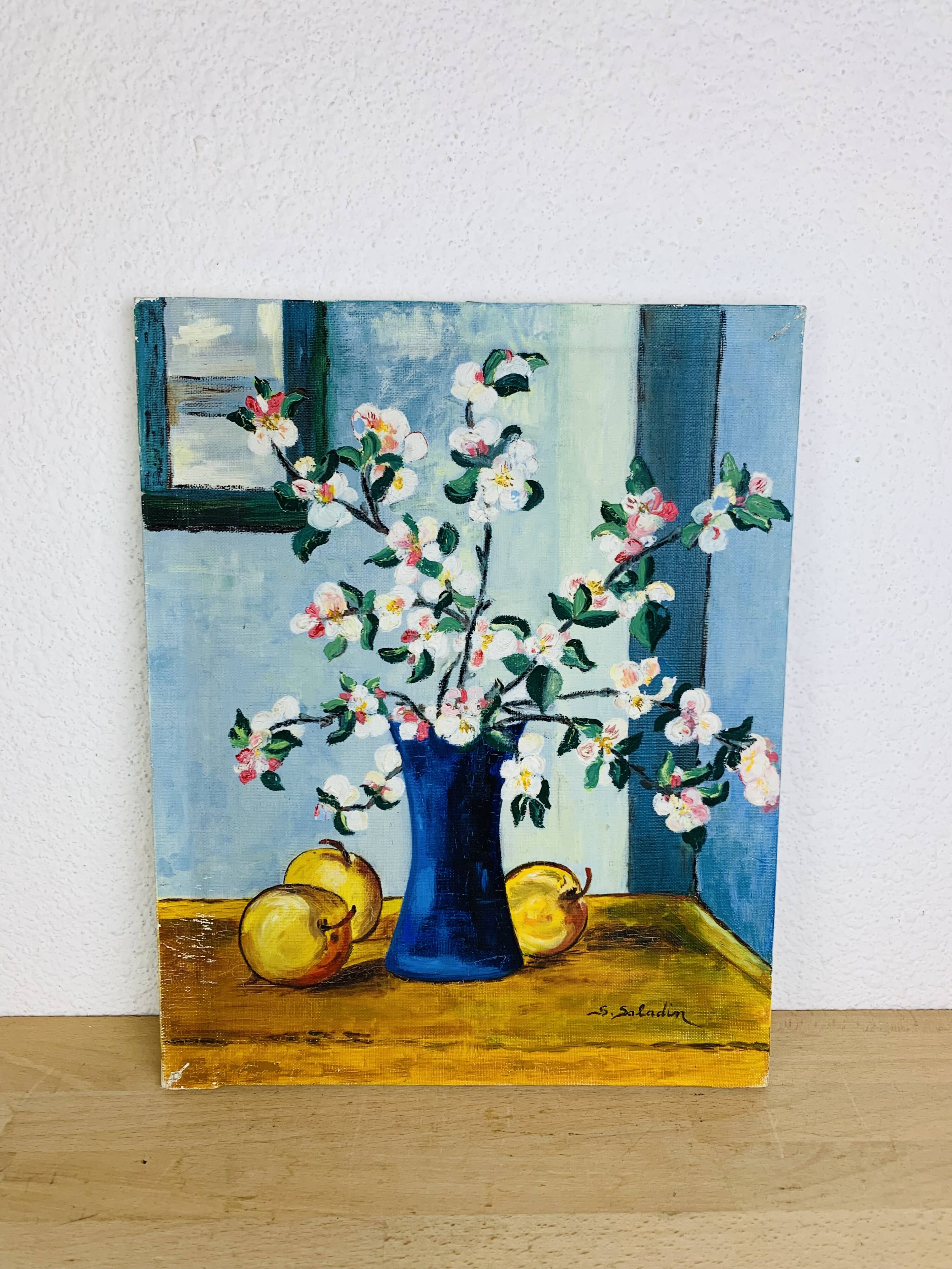 Still life painting bouquet of flowers and apples