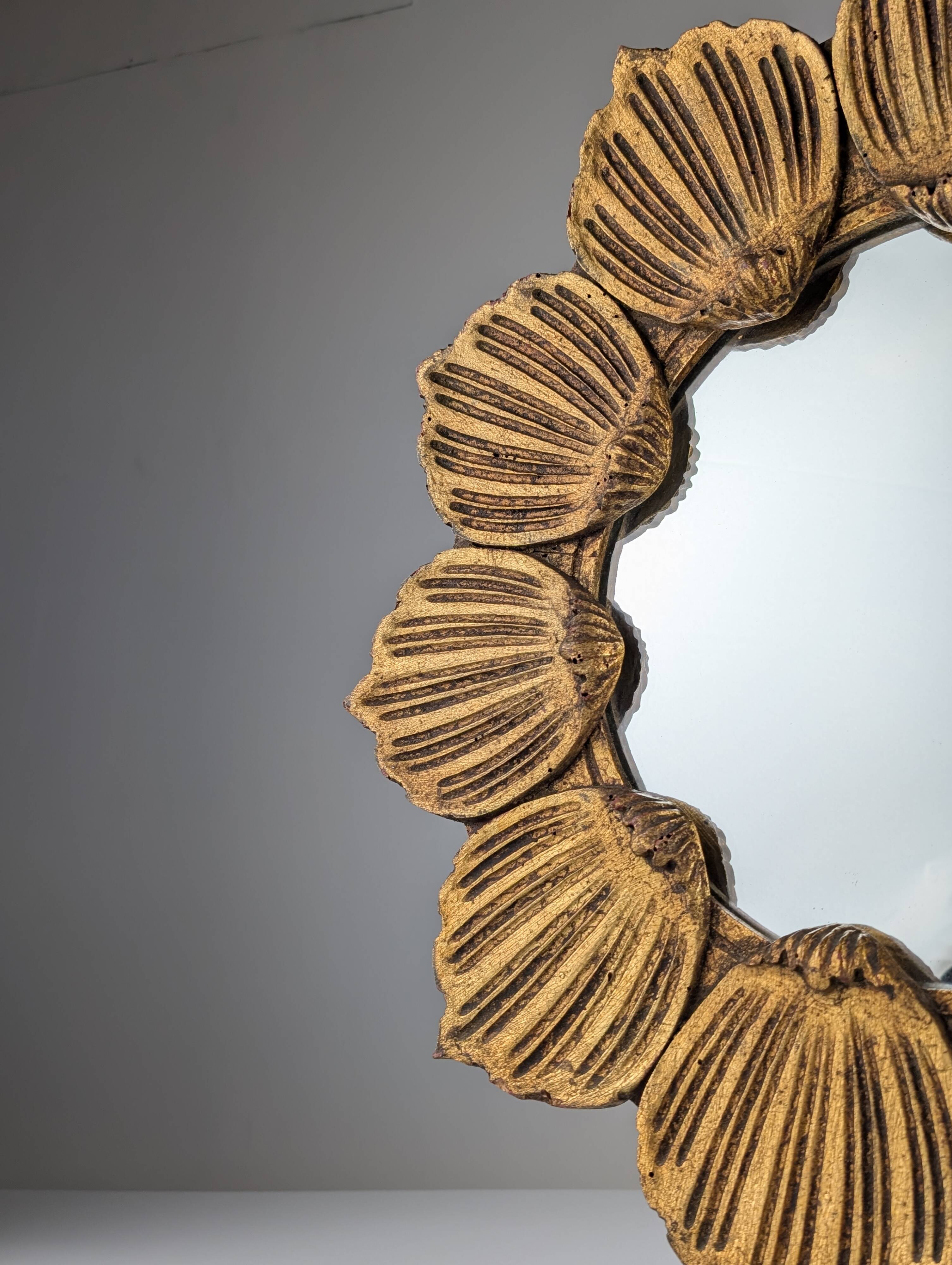 Hollywood Regency Giltwood Carved Flower Sunburst Mirror 1950s