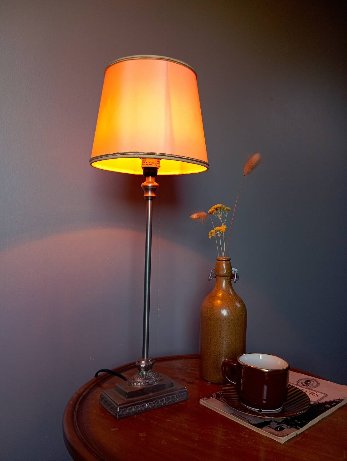 Silver metal living room lamp, cream shade, 1950s
