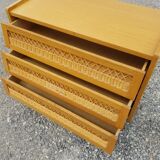 Vintage chest of drawers 3 drawers in oak and rattan - 60s