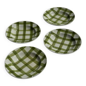 Lot de 4 assiettes vertes quadrillées creuses Moulin des Loups