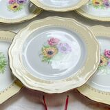 6 vintage porcelain dinner plates with white and golden yellow floral pattern L'Amandinoise "Coopélia" - Vintage floral tableware