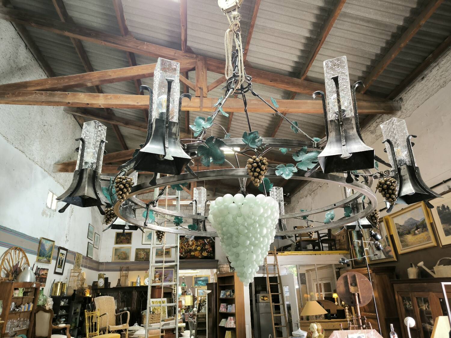 Large, heavy wrought iron and glass chandelier, circa 1980/90