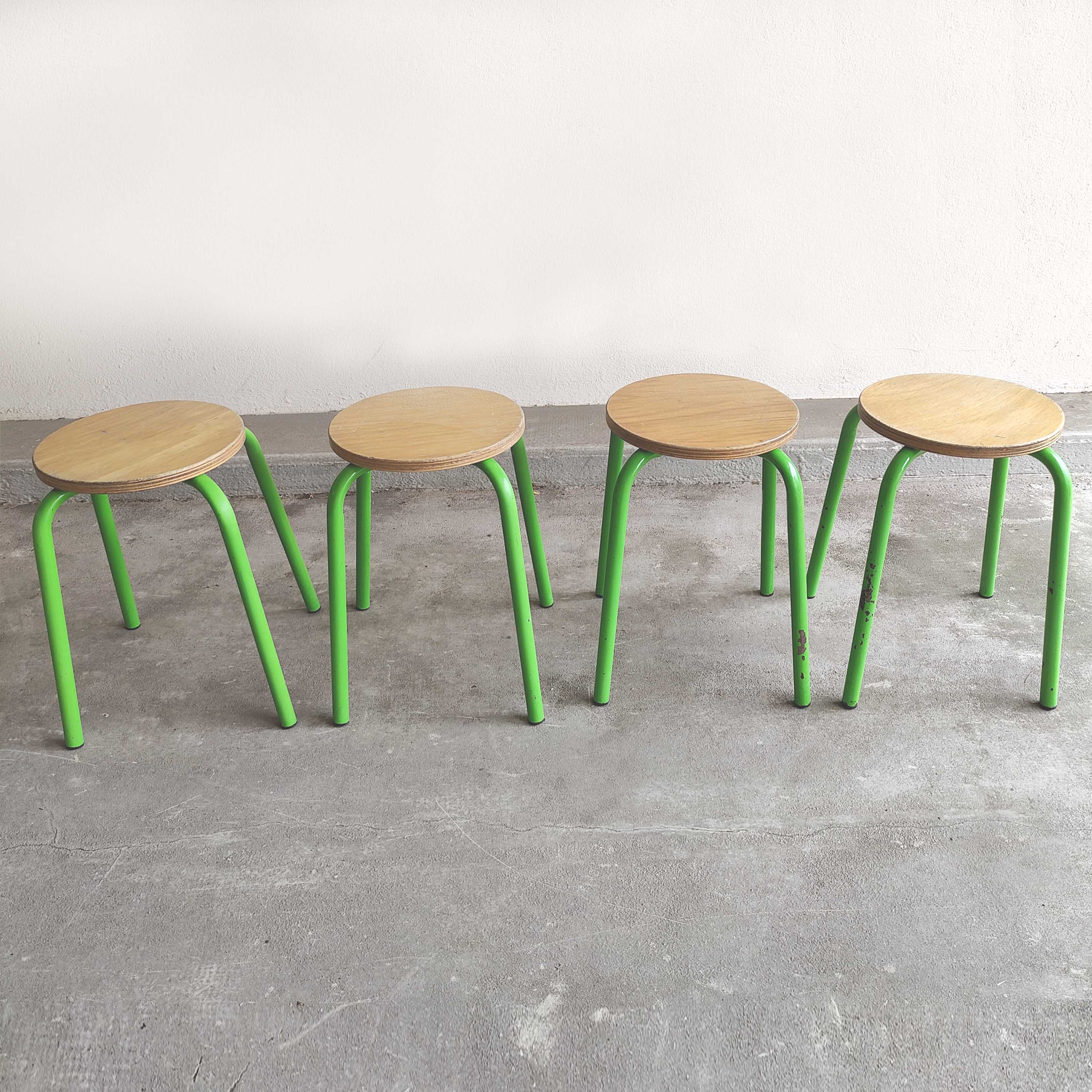 Set of 4 vintage green metal and wood stools